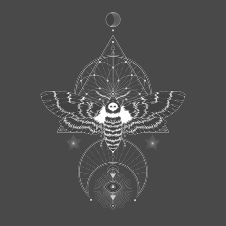 Vector illustration with hand drawn dead head moth and Sacred geometric symbol on black vintage background. Abstract mystic sign. White linear shape. For you design: tattoo, print, posters, t-shirts, textiles and other.のイラスト素材