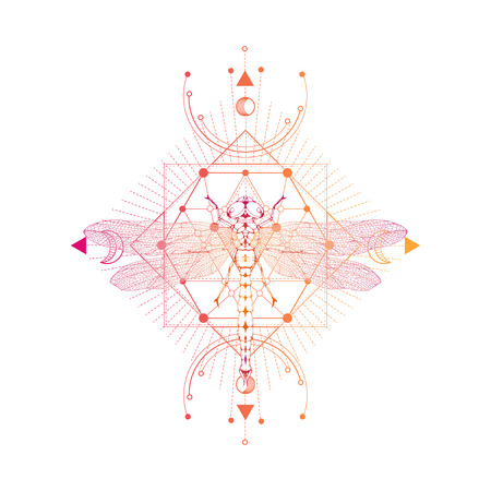 Vector illustration with hand drawn dragonfly and Sacred geometric symbol on white background. Abstract mystic sign. Colored linear shape. For you design: tattoo, print, posters, t-shirts, textiles.のイラスト素材