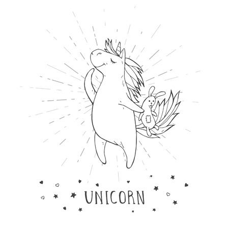 Vector illustration of hand drawn cute unicorn with stars, hearts, toy bunny and text â UNICORN on withe background. For print, t-shits, greeting cards, poster, children room decoration and other. Cartoon style. Monochrome.のイラスト素材