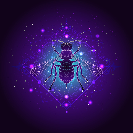 Vector illustration with hand drawn wasp and Sacred geometric symbol against the starry sky. Abstract mystic sign. Linear shape. For you design: tattoo, print, posters, t-shirts, textiles and other.のイラスト素材