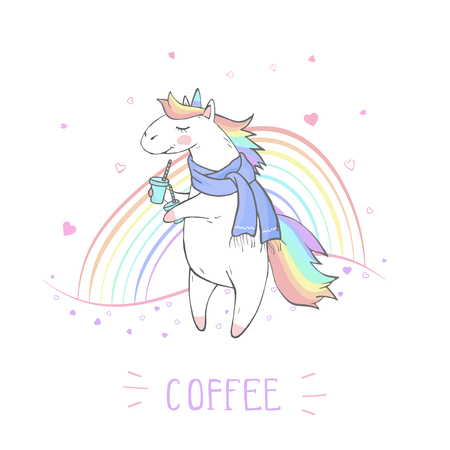 Vector illustration of hand drawn cute unicorn in scarf with coffee and text  - COFFEE on withe background. For print, t-shits, greeting cards, poster, children room decoration and other. Cartoon style. Colored.のイラスト素材