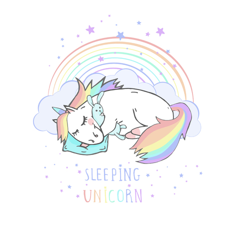 Vector illustration of hand drawn sleeping unicorn with bunny toy and text - SLEEPING UNICORN on withe background. For print, t-shits, greeting cards, poster, children room decoration and other. Cartoon style. Colored.のイラスト素材
