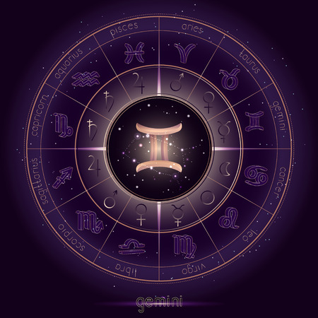 Zodiac sign and constellation GEMINI with Horoscope circle on the starry night sky background with geometry pattern. Sacred symbols and pictograms astrology planets in mystical circle. Gold and purple elements. Vector.のイラスト素材