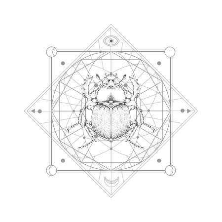 Vector illustration with hand drawn scarab and Sacred geometric symbol on white background. Abstract mystic sign. Black linear shape. For you design: tattoo, print, posters, t-shirts, textiles and magic craft.のイラスト素材