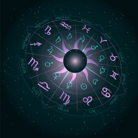 Illustration with Horoscope circle, Zodiac symbols and pictograms astrology planets on the starry night sky background with geometry pattern. Image in perspective. Pink and turquoise elements. Vector.のイラスト素材