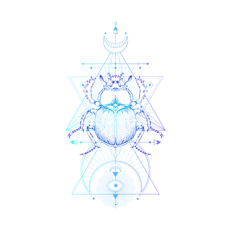Vector illustration with hand drawn scarab and Sacred geometric symbol on white background. Abstract mystic sign and insect. Colored linear shape. For you design: tattoo, print, posters, t-shirts, textiles.のイラスト素材