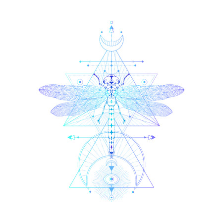 Vector illustration with hand drawn dragonfly and Sacred geometric symbol on white background. Abstract mystic sign. Colored linear shape. For you design: tattoo, print, posters, t-shirts, textiles.のイラスト素材