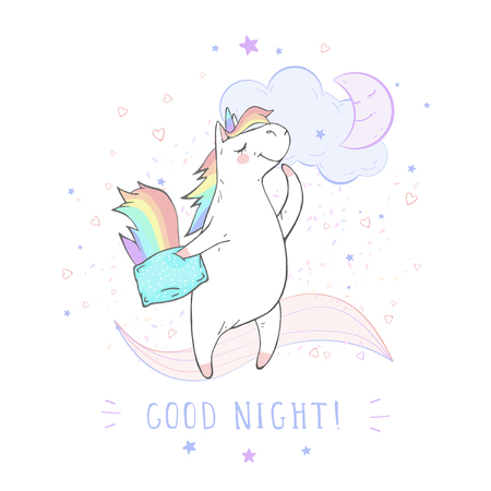 Vector illustration of hand drawn cute unicorn with pillow and text - GOOD NIGHT! On withe background. For print, t-shits, greeting cards, poster, children room decoration and other. Cartoon style. Colored.のイラスト素材