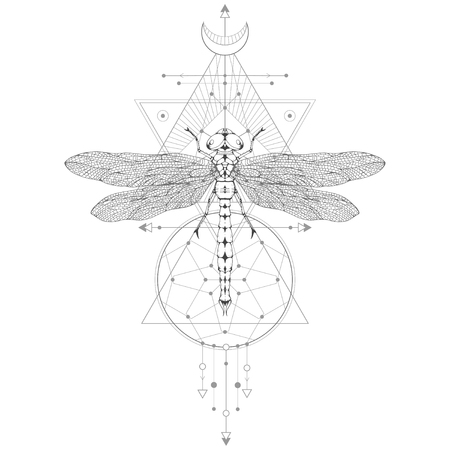 Vector illustration with hand drawn dragonfly and Sacred geometric symbol on white background. Abstract mystic sign. Black linear shape. For you design: tattoo, print, posters, t-shirts, textiles and magic craft.のイラスト素材
