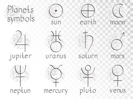 Vector set of astrological planets symbols. Hand drawn elements. Signs collection: sun, earth, moon, saturn, uranus, neptune, jupiter, venus, mars, pluto, mercury. Monochrome.のイラスト素材