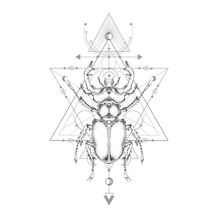 Vector illustration with hand drawn stag beetle and Sacred geometric symbol on white background. Abstract mystic sign. Black linear shape. For you design: tattoo, print, posters, t-shirts, textiles and magic craft.のイラスト素材