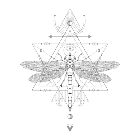 Vector illustration with hand drawn dragonfly and Sacred geometric symbol on white background. Abstract mystic sign. Black linear shape. For you design: tattoo, print, posters, t-shirts, textiles and magic craft.のイラスト素材