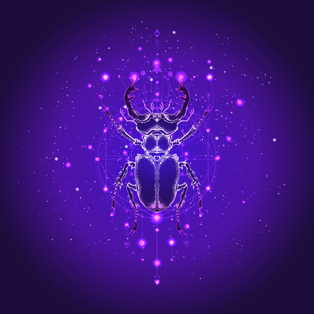 Vector illustration with hand drawn stag beetle and Sacred geometric symbol against the starry sky. Abstract mystic sign. Linear shape. For you design: tattoo, print, posters, t-shirts, textiles and other.のイラスト素材