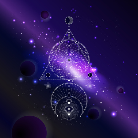 Vector illustration of Sacred or mystic symbol against the space background with galaxy and stars. Abstract geometric sign drawn in lines. Multicolored.のイラスト素材