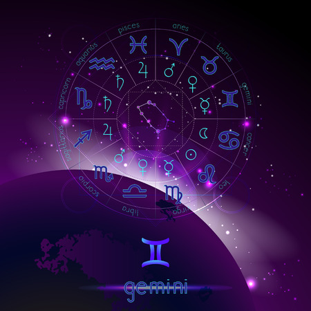 Vector illustration of sign and constellation GEMINI and Horoscope circle with astrology pictograms against the space background with sunrise. Sacred symbols in blue and purple colors.のイラスト素材