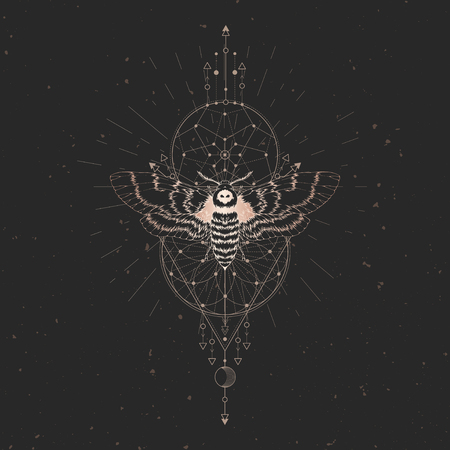 Vector illustration with hand drawn dead head moth and Sacred geometric symbol on black vintage background. Abstract mystic sign. Gold linear shape. For you design: tattoo, print, posters, t-shirts, textiles and other.のイラスト素材