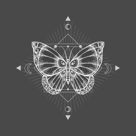 Vector illustration with hand drawn butterfly and Sacred geometric symbol on black background. Abstract mystic sign. White linear shape. For you design, tattoo or magic craft.のイラスト素材