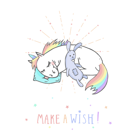 Vector illustration of hand drawn sleeping unicorn with toy rabbit and text MAKE A WISH! On withe background. Cartoon style. Colored.のイラスト素材