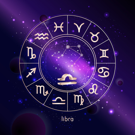 Vector illustration of 3D sign and constellation LIBRA with Horoscope circle against the space background with galaxy. Sacred symbols in gold colors.のイラスト素材