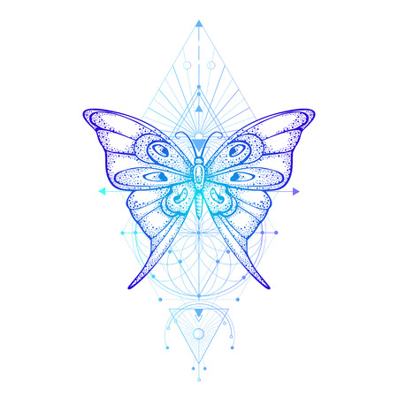 Vector illustration with hand drawn butterfly and Sacred geometric symbol on white background. Abstract mystic sign. Colored linear shape. For you design, tattoo or magic craft.のイラスト素材