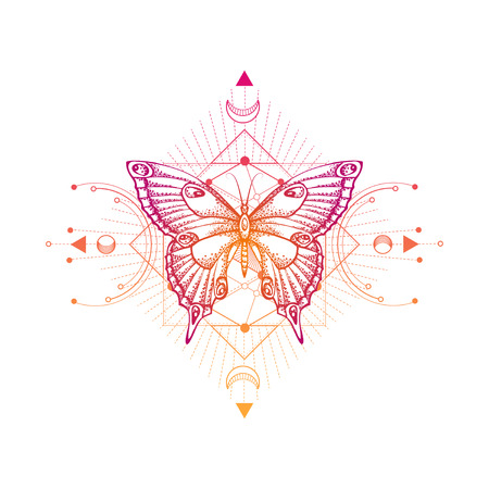 Vector illustration with hand drawn butterfly and Sacred geometric symbol on white background. Abstract mystic sign. Colored linear shape. For you design, tattoo or magic craft.のイラスト素材