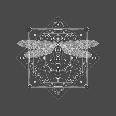 Vector illustration with hand drawn dragonfly and Sacred geometric symbol on black vintage background. Abstract mystic sign. White linear shape. For you design: tattoo, print, posters, t-shirts, textiles and other.のイラスト素材