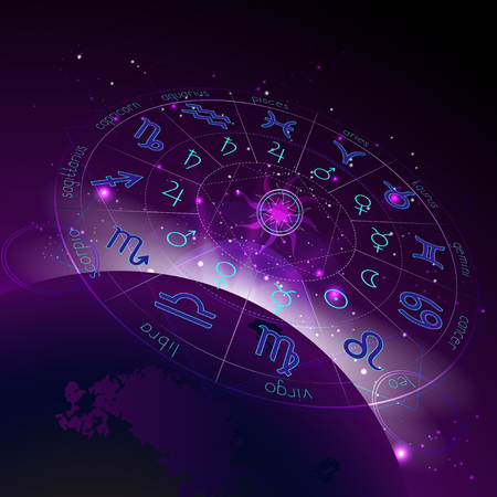 Vector illustration of Horoscope circle in perspective, Zodiac signs and pictograms astrology planets against the space background with sunrise and geometry pattern. In blue and purple colors.のイラスト素材
