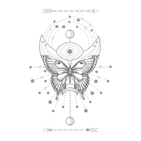 Vector illustration with hand drawn butterfly and Sacred geometric symbol on white background. Abstract mystic sign. Black linear shape. For you design, tattoo or magic craft.のイラスト素材