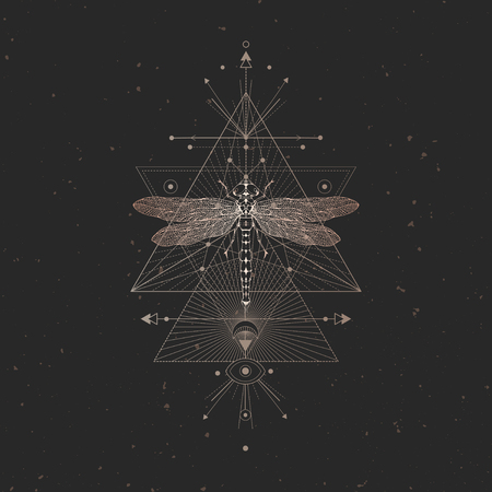 Vector illustration with hand drawn dragonfly and Sacred geometric symbol on black vintage background. Abstract mystic sign and insect. Gold linear shape. For you design: tattoo, print, posters, t-shirts, textiles and other.のイラスト素材
