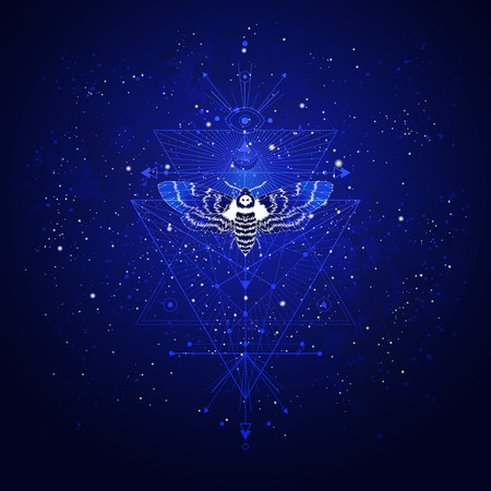 Vector illustration with hand drawn butterfly Dead head and Sacred geometric symbol against the starry sky. Abstract mystic sign. Linear shape. For you design: tattoo, print, posters, t-shirts, textiles and other.のイラスト素材