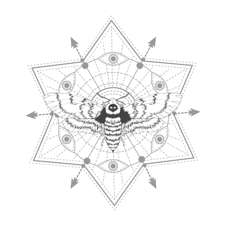 Vector illustration with hand drawn dead head moth and Sacred geometric symbol on white background. Abstract mystic sign. Black linear shape. For you design, tattoo or magic craft.のイラスト素材