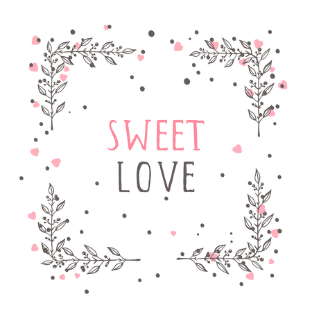 Vector hand drawn illustration of text SWEET LOVE and floral rectangle frame on white background.のイラスト素材