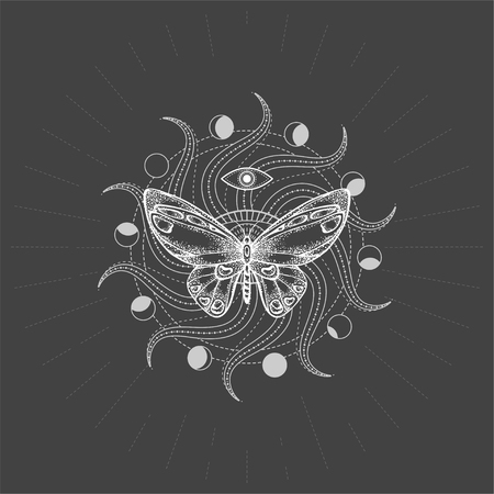 Vector illustration with hand drawn butterfly and Sacred geometric symbol on black background. Abstract mystic sign. White linear shape. For you design, tattoo or magic craft.のイラスト素材