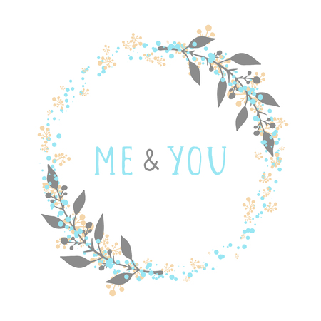 Vector hand drawn illustration of text ME AND YOU and floral round frame on white background. Colorful.のイラスト素材