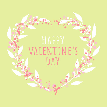 Vector hand drawn illustration of text HAPPY VALENTINE'S DAY and floral frame in the shape of a heart on green background.のイラスト素材
