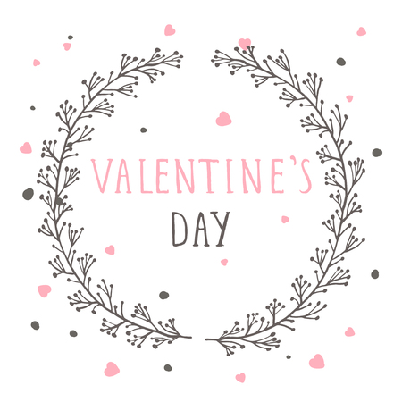 Vector hand drawn illustration of text VALENTINE'S DAY and floral round frame on white background. Colorful.のイラスト素材