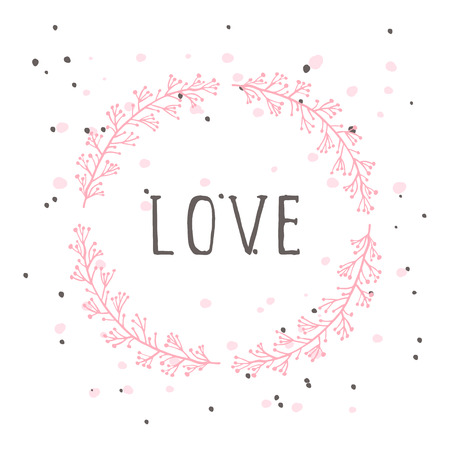 Vector hand drawn illustration of text lOVE and floral round frame on white background. Colorful.のイラスト素材