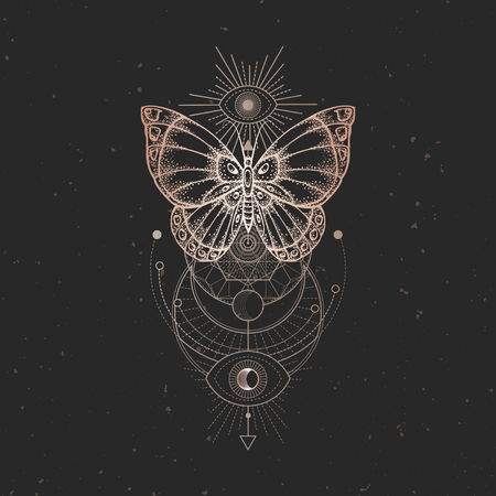 Vector illustration with hand drawn butterfly and Sacred geometric symbol on black vintage background. Abstract mystic sign. Gold linear shape. For you design or magic craft.のイラスト素材