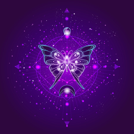 Vector illustration with hand drawn butterfly and Sacred geometric symbol against night starry sky. Abstract mystic sign. Linear shape. For you design or magic craft.のイラスト素材