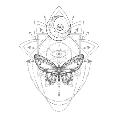Vector illustration with hand drawn butterfly and Sacred geometric symbol on white background. Abstract mystic sign. Black linear shape. For you design, tattoo or magic craft.のイラスト素材