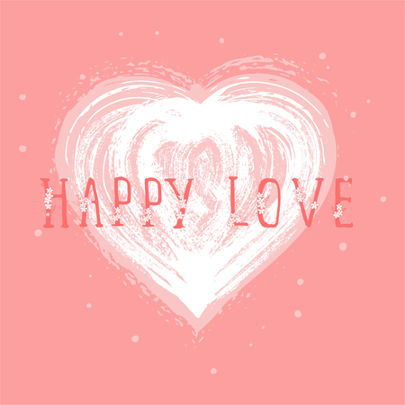 Vector illustration with hand drawn text HAPPY LOVE and grunge heart on pink background. Templates for card, label, poster, banner, flyer and other.のイラスト素材
