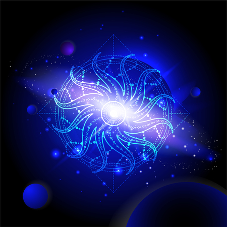 Vector illustration of Sacred or mystic symbol against the space background with planets and stars. Abstract geometric signs drawn in lines. Multicolored.のイラスト素材