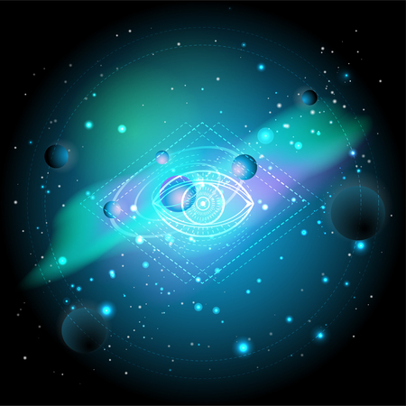 Vector illustration of Sacred or mystic symbol against the space background with planets and stars. Abstract geometric signs drawn in lines. Multicolored.のイラスト素材