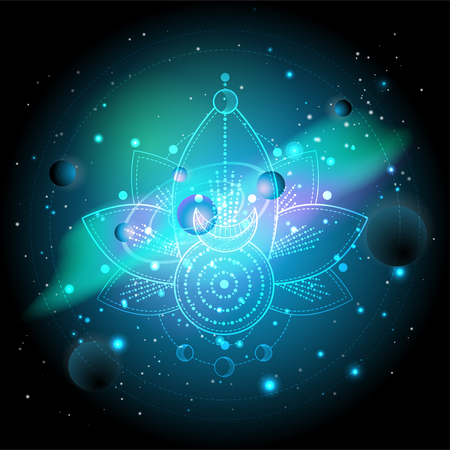 Vector illustration of Sacred or mystic symbol against the space background with planets and stars. Abstract geometric signs drawn in lines. Multicolored.のイラスト素材