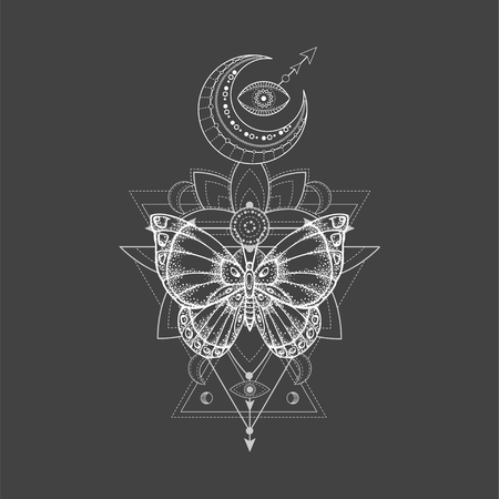 Vector illustration with hand drawn butterfly and Sacred geometric symbol on black background. Abstract mystic sign. White linear shape. For you design, tattoo or magic craft.のイラスト素材