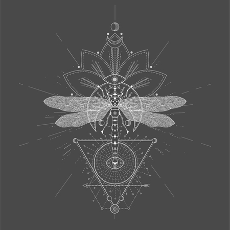 Vector illustration with hand drawn Dragonfly and Sacred symbol LOTUS on black background. Abstract mystic sign. White linear shape. For you design, tattoo or magic craft.のイラスト素材