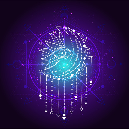 Vector illustration of Sacred or mystic symbol on abstract background. Geometric sign drawn in lines. Multicolored. For you design and magic craft.のイラスト素材