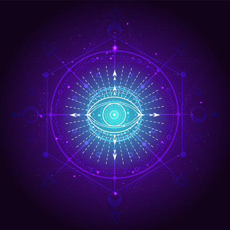 Vector illustration of mystic symbol Eye on abstract background. Geometric sign drawn in lines. Multicolored. For you design and magic craft.のイラスト素材
