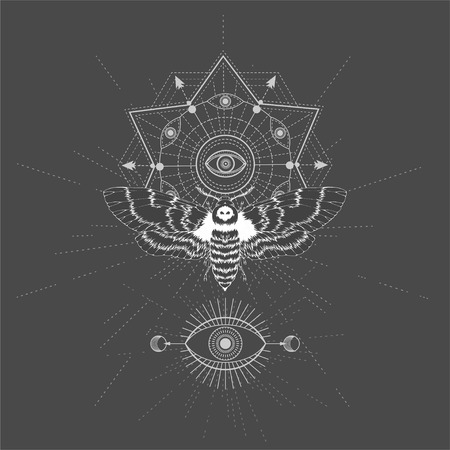 Vector illustration with hand drawn butterfly Dead head and Sacred geometric symbol on black background. Abstract mystic sign. White linear shape. For you design, tattoo or magic craft.のイラスト素材