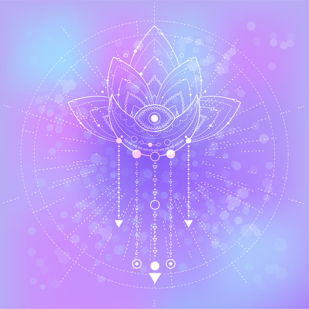 Vector illustration of mystic symbol Lotus on abstract background. Geometric sign drawn in lines. Purple and blue color. For you design and magic craft.のイラスト素材